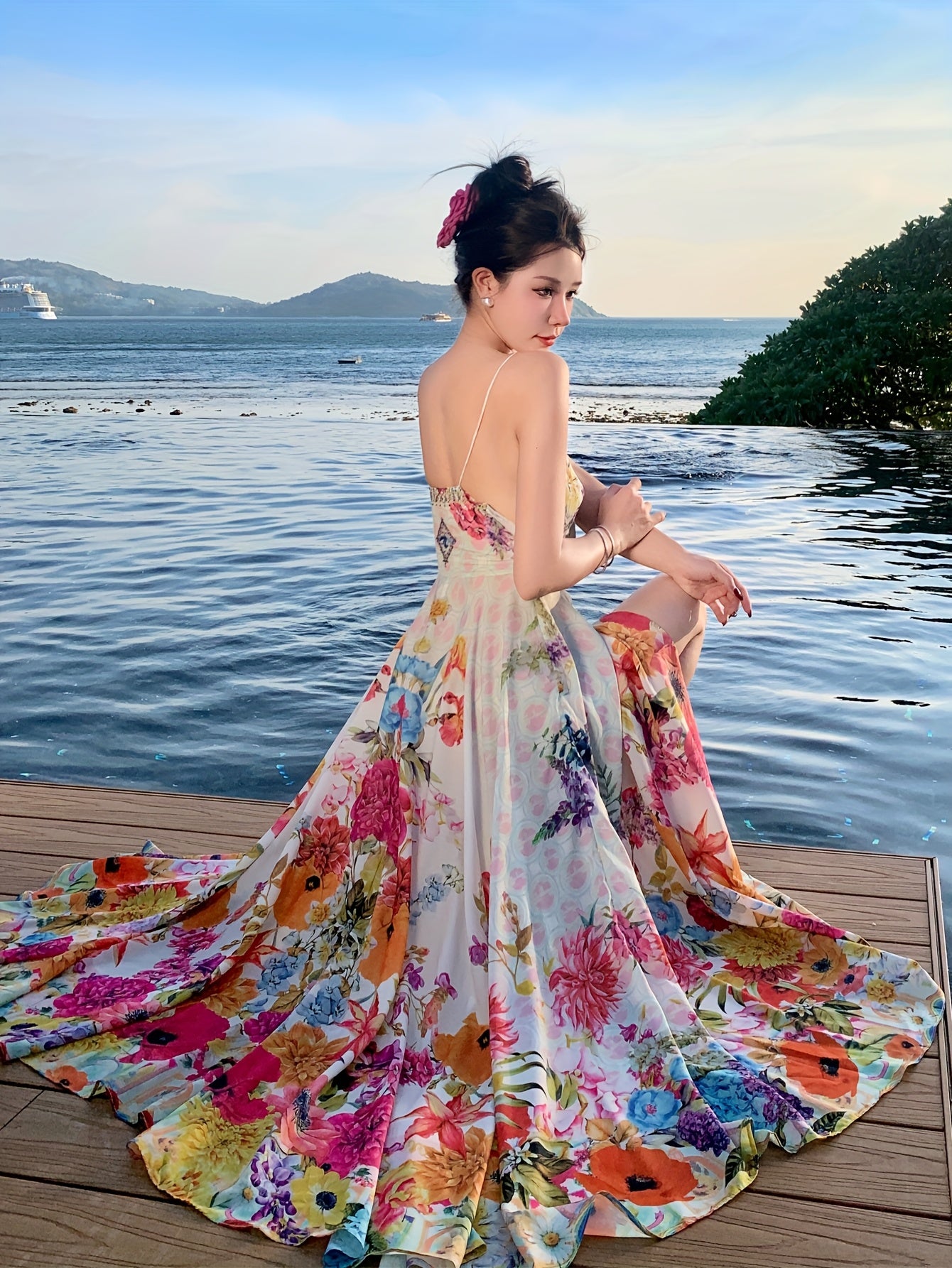 Women's Vibrant Floral Print Sleeveless Maxi Dress with Tropical V-Neck and Ruffled Hem - Perfect for Summer Vacations and Beach Outings, Vacation Attire | Fitted Waist, Beach Dress