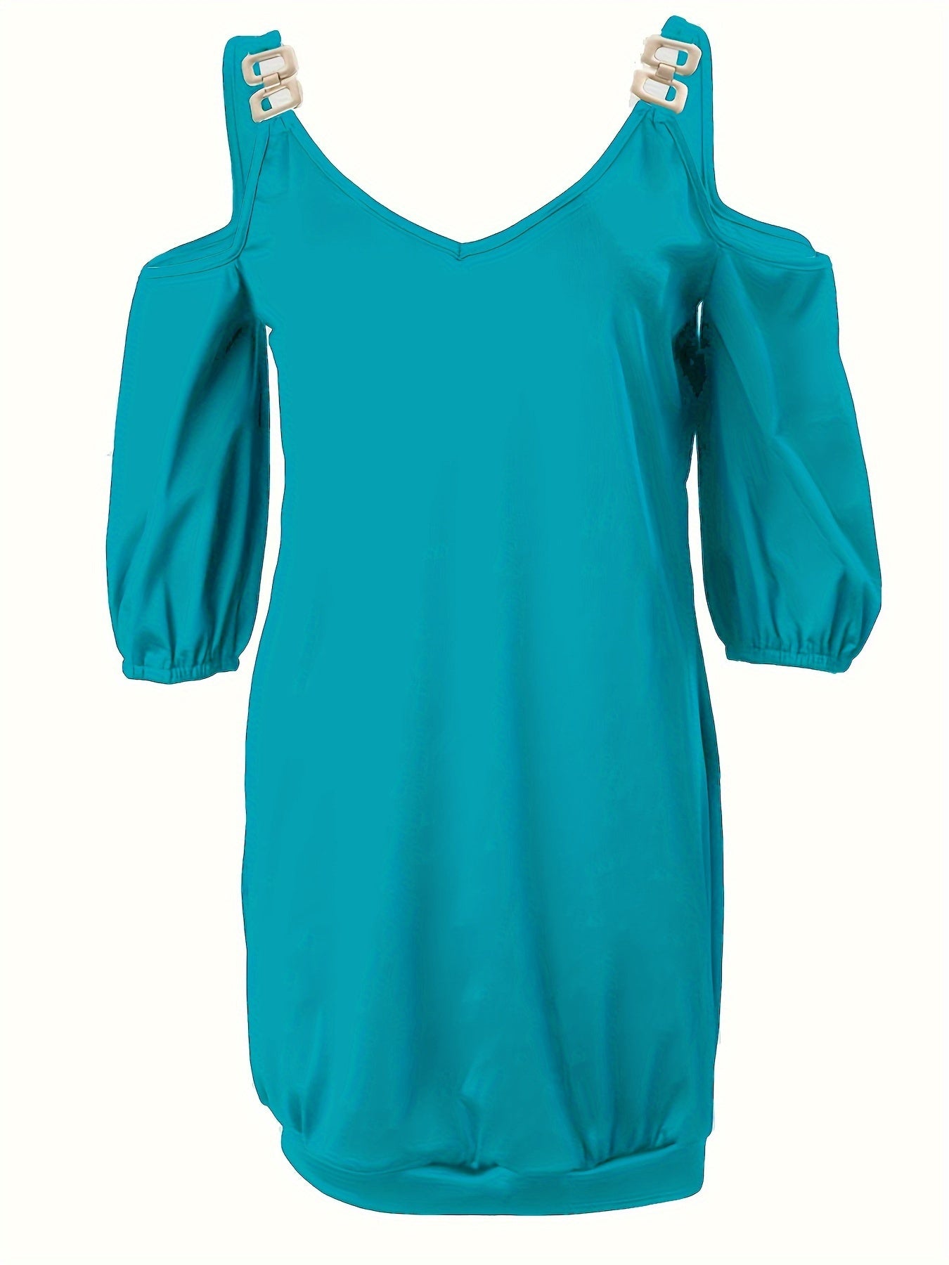 Plus Size Women's Casual Cold Shoulder Dress - V-Neck with Metal Chain Detail, Teal Blue, Sleeve, Relaxed Fit for Summer, Nontransparent Fabric