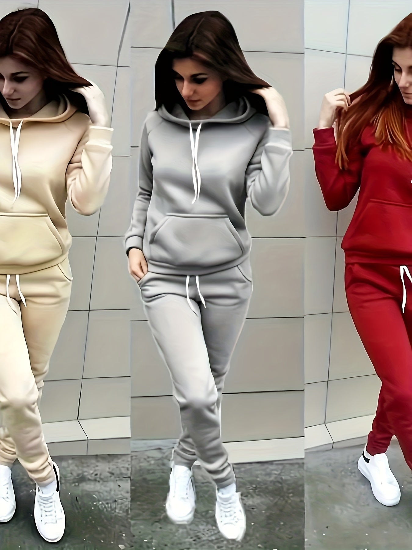 Ladies Fashion Casual 2pcs Red Hoodie, Slim-fit Hoodie, Long Sleeves, With Front Pocket And Adjustable Drawstring Pants, Solid Color Casual Spring/Fall Dress, Los Angeles Style, Gift For Girlfriend