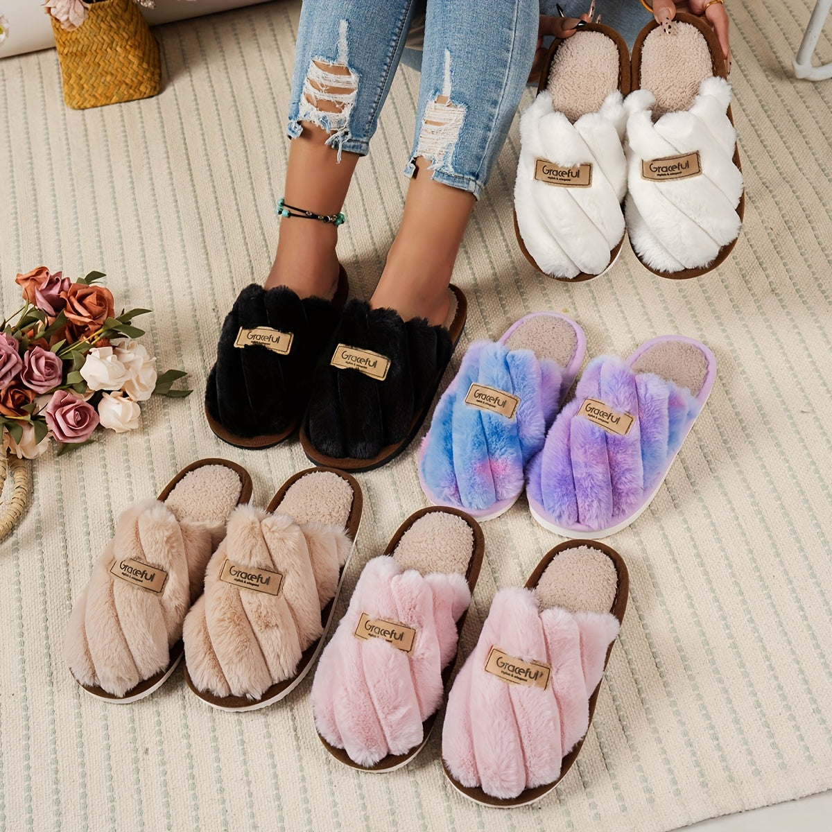 Women'S Minimalist Stylish Indoor Cozy Warm Soft-Bottom Silent Fluffy Slippers