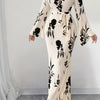 Elegant Women's Floral Maxi Dress with Pleated Fabric - Flared Long Sleeves, Round Neck, Belted Waist, Ribbed Detail - Polyester, Non-Sheer - Perfect for Fall/Winter, Stylish Layering Piece|Pleated Fabric Gown|Polyester Dress