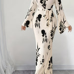 Elegant Women's Floral Maxi Dress with Pleated Fabric - Flared Long Sleeves, Round Neck, Belted Waist, Ribbed Detail - Polyester, Non-Sheer - Perfect for Fall/Winter, Stylish Layering Piece|Pleated Fabric Gown|Polyester Dress