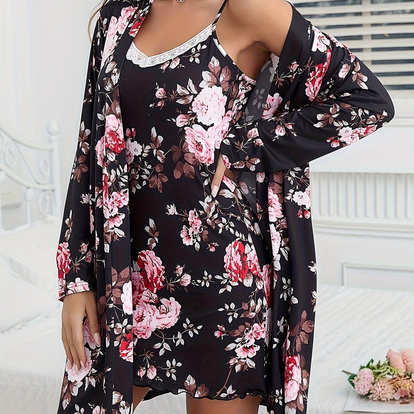 Women's Floral Print Lace Trim Suspender Dress + Pajama Set