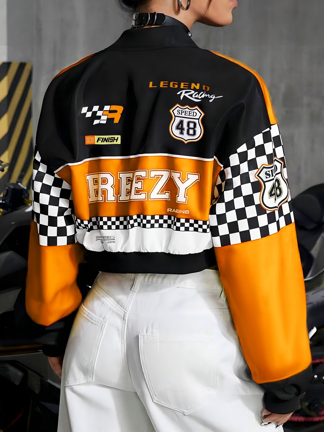 Women's Casual Letter & Checkered Print Long Sleeve Jacket - Stylish Blue & Black Zip-Up Crop Top with "44" Graphic, Perfect for Motorcycle Rides and Trendy Outfits