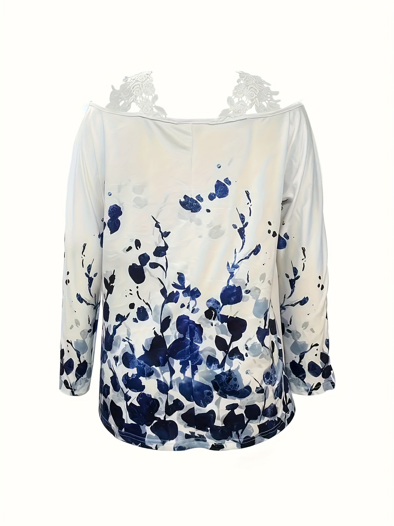 Spring And Autumn New Casual Plant Print Lace T-shirt Off-shoulder Long-sleeved Top -  For Women - Suitable for Casual Wear - Perfect Gift for Fashion Lovers