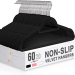 60pcs Black Velvet Hangers with Non-Slip Tie Bar, Premium Slim Felt Clothes Hangers with 360° Swivel Hook for Closet Organization, Elegant and Durable Storage Solution for Coats, Sweaters & Suits, Accessory Hangers | Stylish