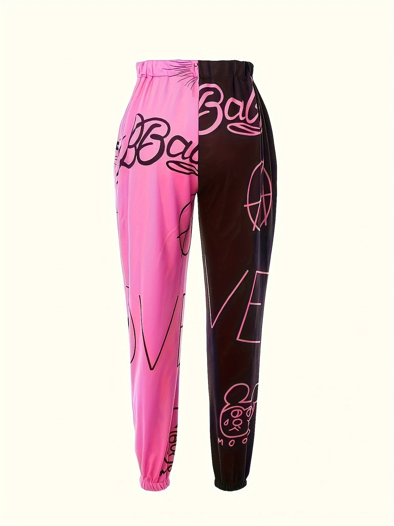 Women's Casual Jogger Pants - Loose-Fit Elastic Cuff Sweatpants with Black & Pink Color-Block Design, Letter & Graphic Prints (Hearts, Stars, Peace Signs), All-Season Machine Washable Lounge Pants for Women, Jogging Pants, Ca