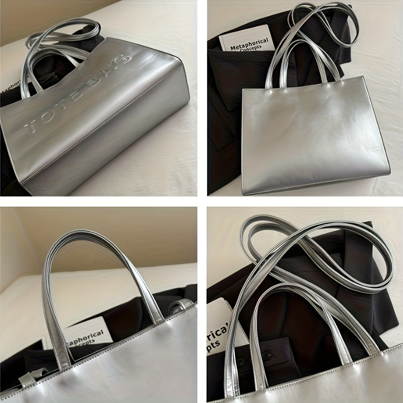 Stylish Black Tote Bag with "TOTE BAG" Embossed Design – Large Capacity Shoulder Handbag for Women, Perfect for Commuting and Casual Outings, Snap Button Closure