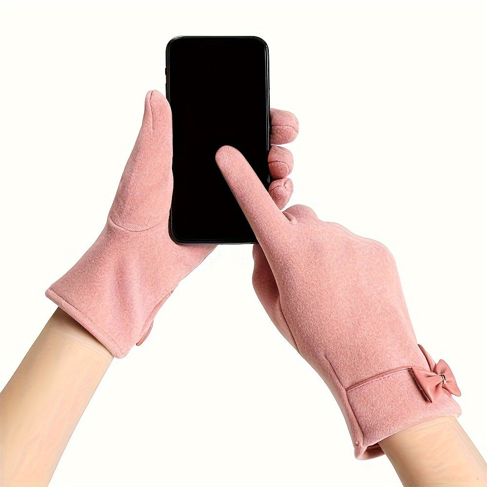 Winter Velvet-Lined Touchscreen-Compatible Wrist-Length Mitts with Chic Bow Accent for Women, Suitable for Ages 15+, 100% Acrylic, Woven
