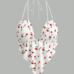 Ladies' Solid Color Halter Neck Drawstring Backless Sexy Tank Top with a Wavy Hem And Heart-Shaped Design.