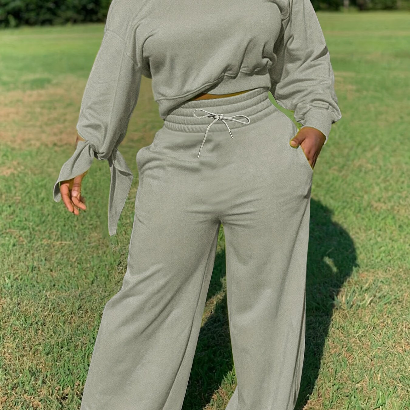 Solid Casual Two-piece Set, Slanted Shoulder Long Sleeve Tops & Drawstring Pants Outfits, Women's Clothing