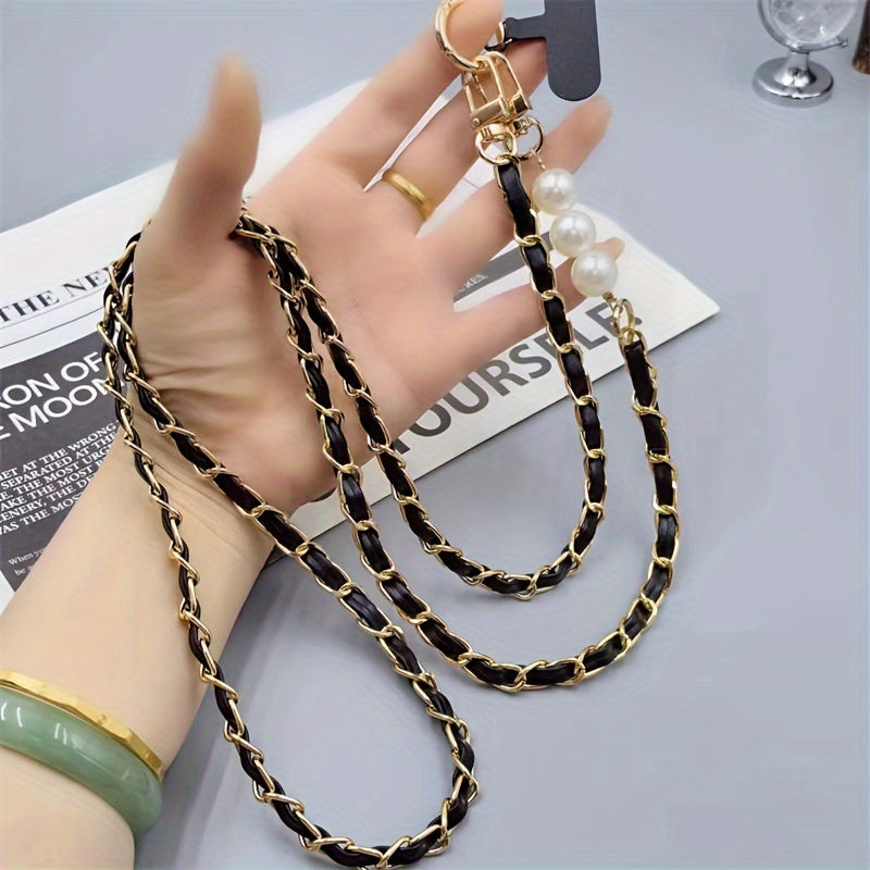 Durable, Chic Faux Pearl & Faux Leather Crossbody Phone Lanyard - Elegant Shoulder Strap Accessory