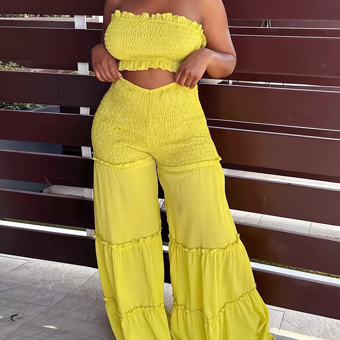 Elegant V-Neck High-Waist Wide Leg Two-Piece Set with Ruched Detail - Sexy Corset & Strapless Top, Polyester Blend, Perfect for Spring/Summer, Chic Outfit|Vneck Top|Polyester Blend