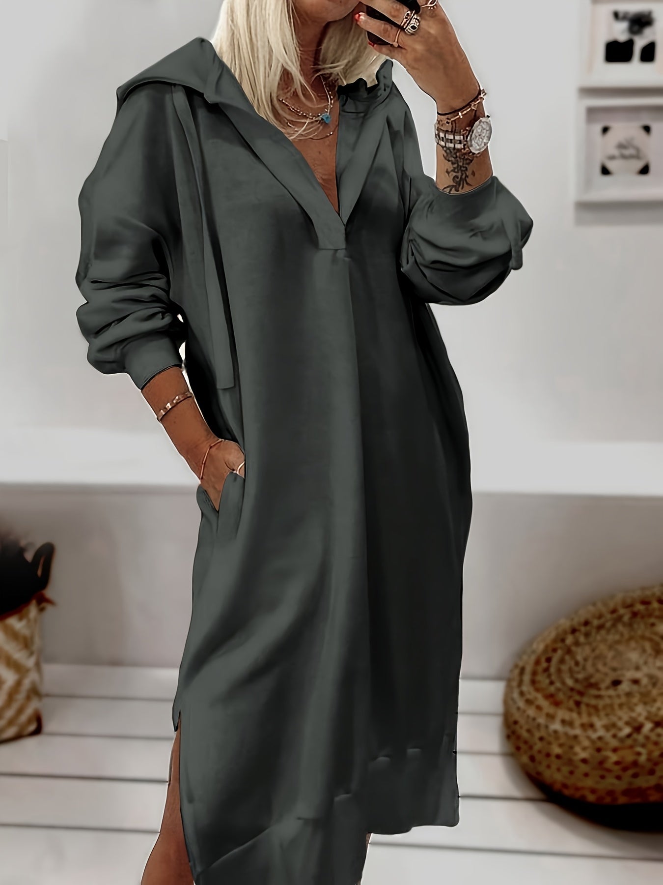 Stylish Long Sleeve Plunge Neck Hooded Dress - Soft Solid Color, Split Hem, Casual Chic, Perfect for Fall & Winter, Womens Clothing