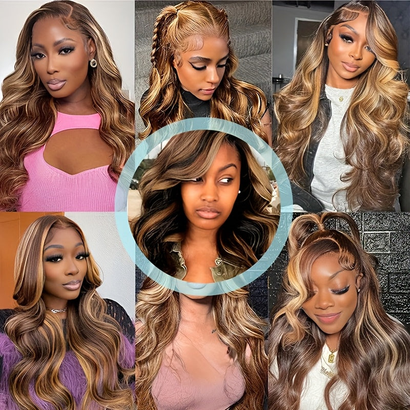 Ombre Lace Front Wig Human Hair Glueless 200 Density Blonde Highlight Wig Human Hair Pre Plucked 4/27 Highlight Lace Front Wigs Human Hair 5*5 HD Lace Brown Highlighted Wig Body Wave (Piano Colored Wig)
