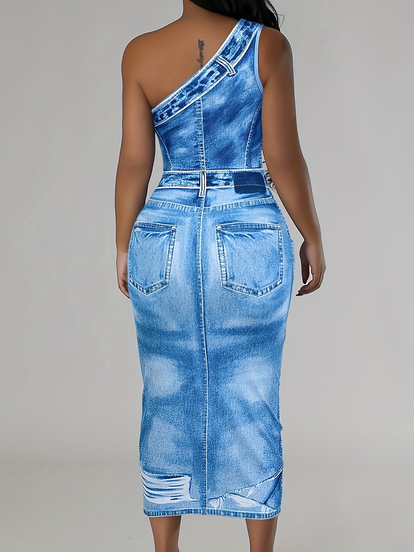 Women's Summer Off-Shoulder Sleeveless Denim Print Maxi Dress - Casual Bodycon Style, Machine Washable, Blue Jean Design with Adjustable Strap & Pockets, Casual Summer Dress | Denim Maxi | Knitted Denim Look, Denim Dress