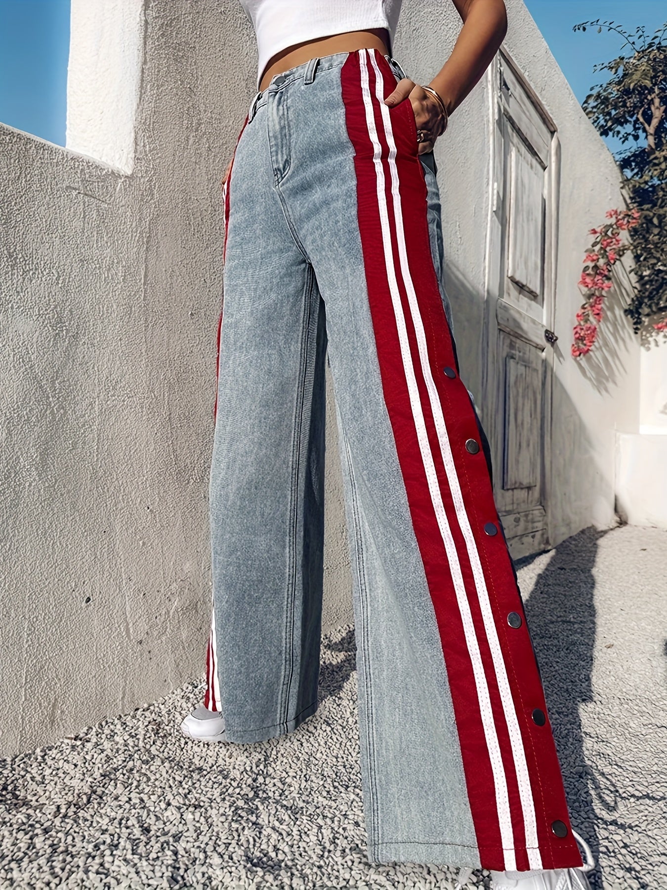 Striped Spliced Button Wide Leg Jeans