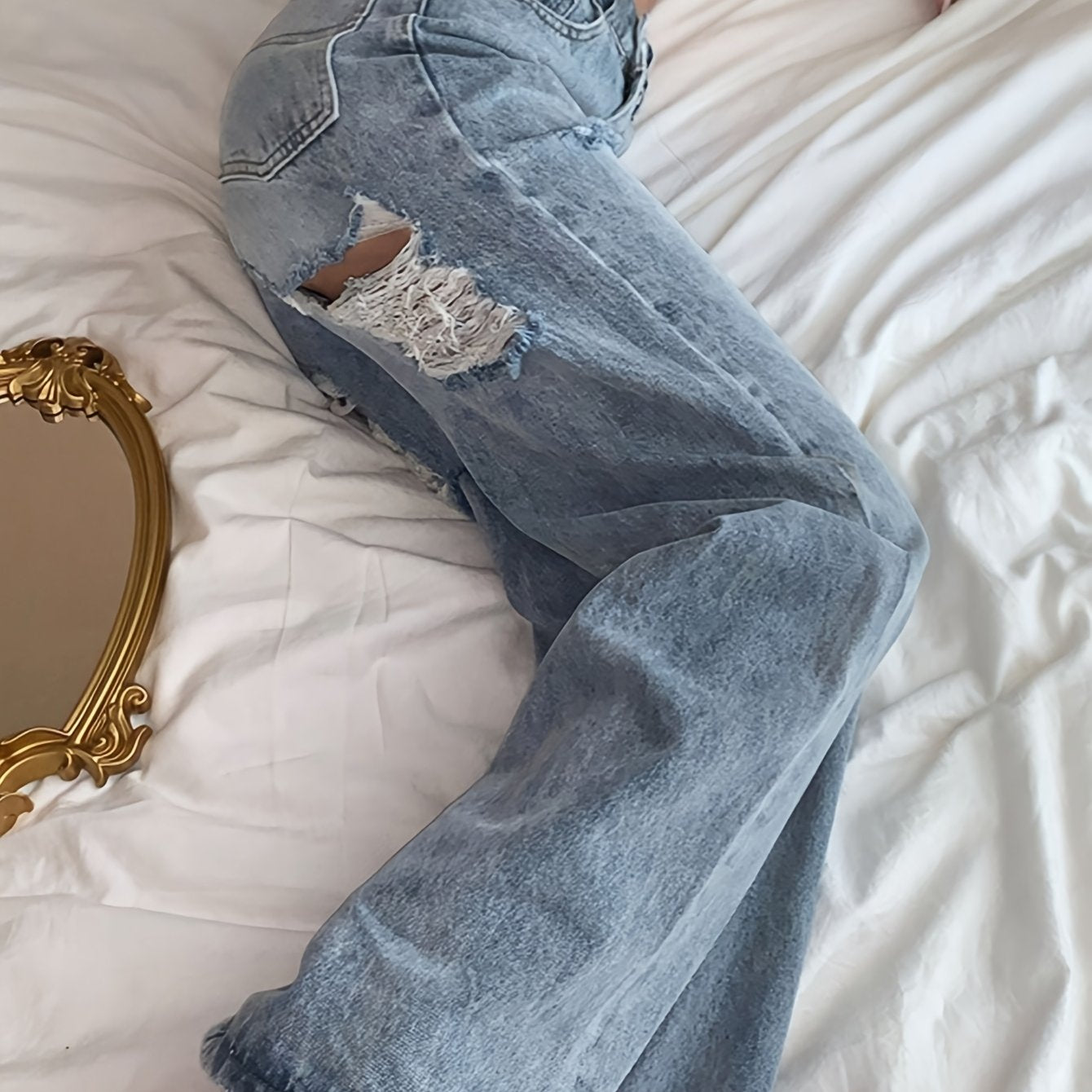 Women's High-Rise Straight Leg Ripped Jeans - Distressed Denim in Light Wash, Casual Street Style for Parties, Travel & Casual Attire