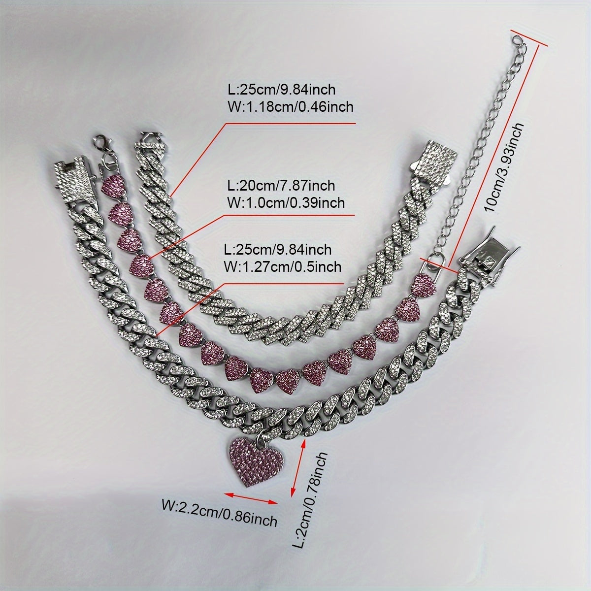 3pcs Women's Elegant Anklet - Shiny Heart Pendant, Rhinestones Inlaid, Zinc Alloy - All-Season Jewelry | Sexy Style | Perfect for Valentine's Day