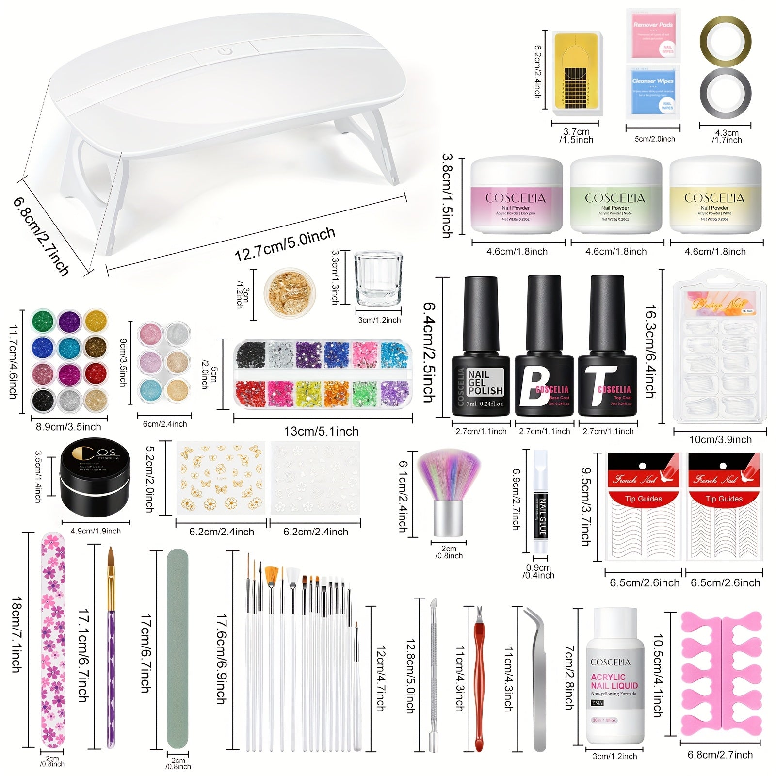 COSCELA Acrylic Powder Kit Nail Art Glitter Powder Gel Nail Polish Kit with Nail Drill And Nail Lamp Acrylic Liquid Manicure Tools Set Nail Extension Acrylic Nail Accessories Kit Valentine's Day Gift