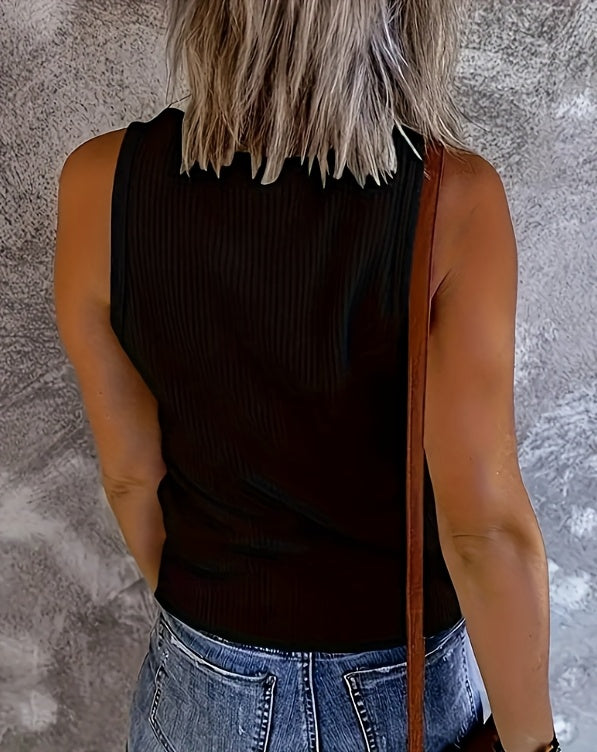 Women'S Fashionable Ribbed Zip-Up Tank Top - Elegant Solid Color, Crew Neck, Regular Length, Spring/Summer/Fall Style, Casual Wear, Casual Wear Top|Zipper Detail|Ribbed Texture