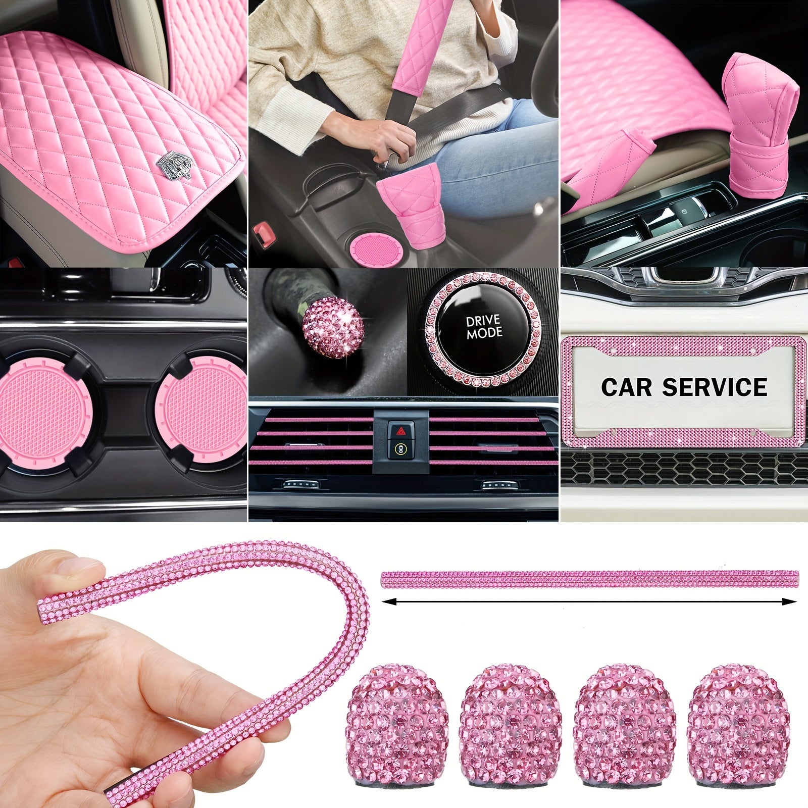 Pink Car Accessories Set Full Set Seat Cover Set Steering Wheel Center Console Handbrake Seat Belt Cover Bling Car Interior Sets Phone Glasses Holder Adapter Car License Frames For Women, 38 Pcs