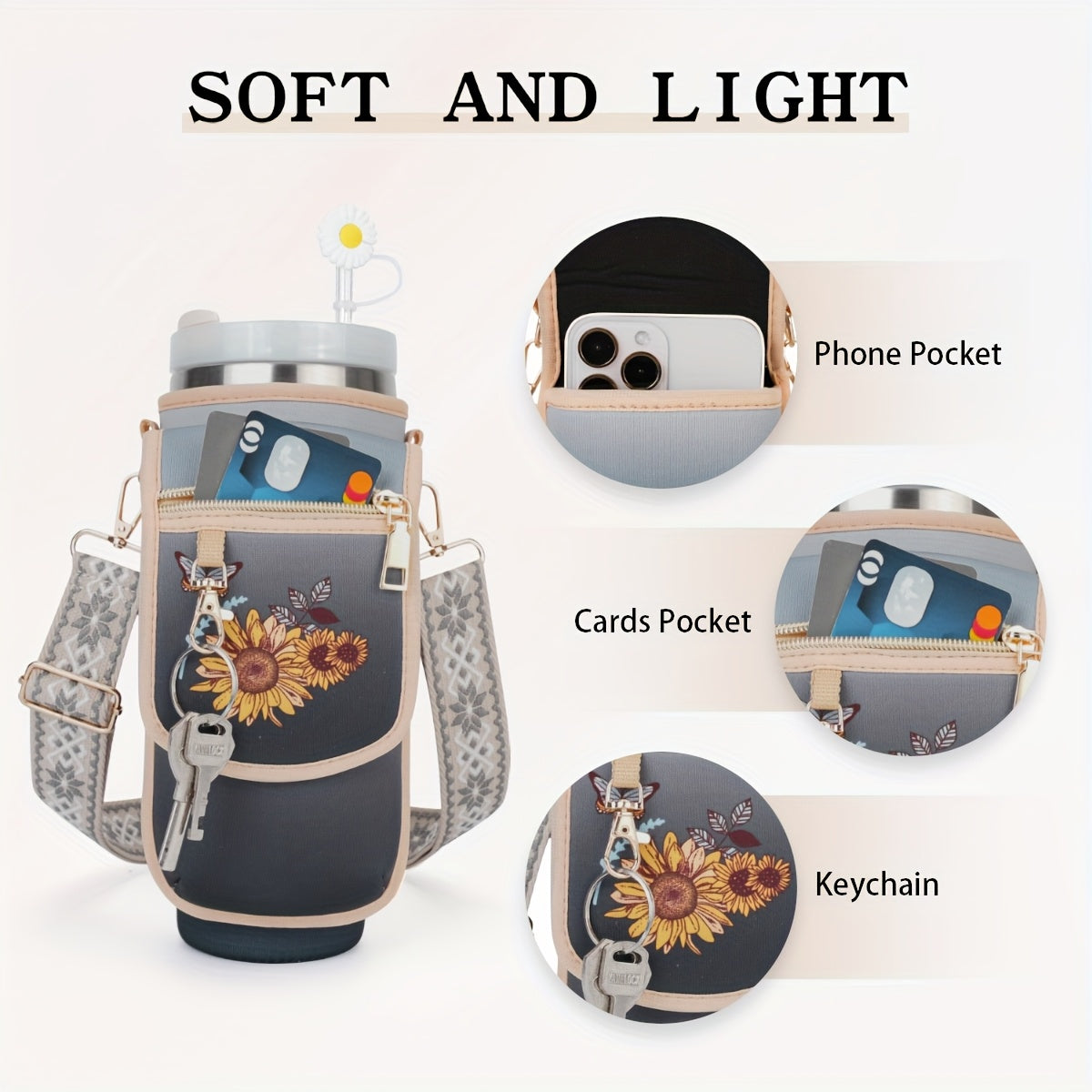 Water Bottle Carrier Bag with Phone Pocket, Tumbler Holder Pouch with Adjustable Shoulder Strap Cup Accessories for Hiking Camping Fishing Travelling (PINK-APRICOT)
