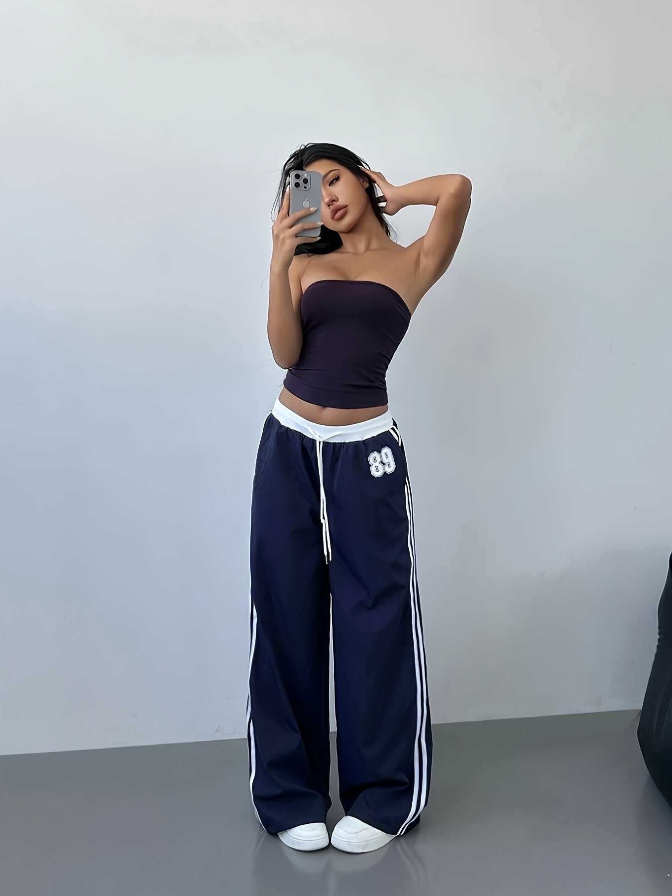 Women's Y2K Fashion Casual Pants - Navy Blue Striped Straight-Leg Trousers with Letter Detail, Drawstring Waist, Machine Washable, Polyester and Elastane Blend, Casual Wear Pants | 90S Inspired Fashion | Smooth Fabric Finish
