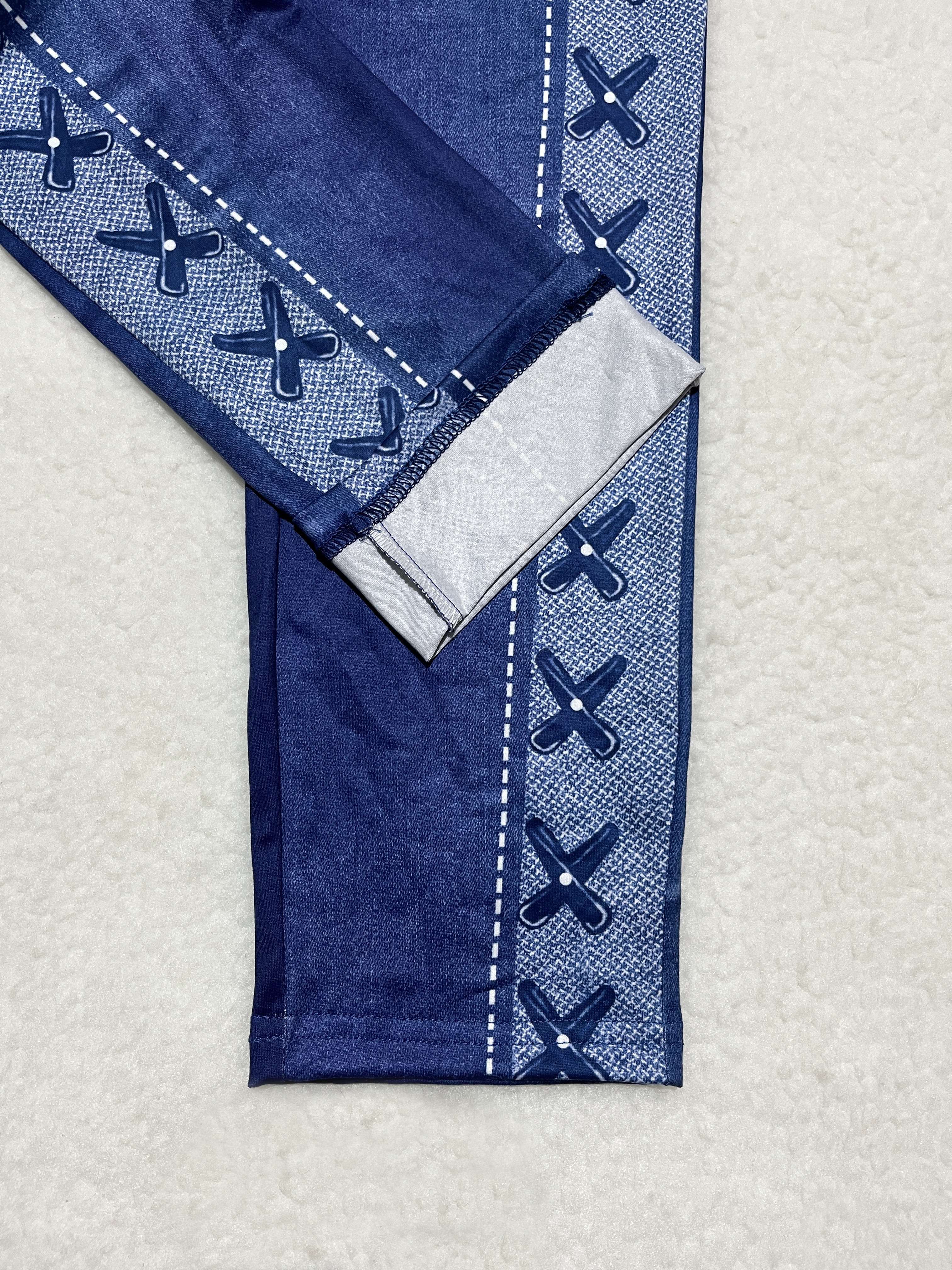 Women's High-Waist Stretch Denim-Look Leggings with Star Pattern and Faux Button Accents - Comfortable Polyester Blend, Machine Washable, Ideal for Casual Wear, High Waisted Leggings