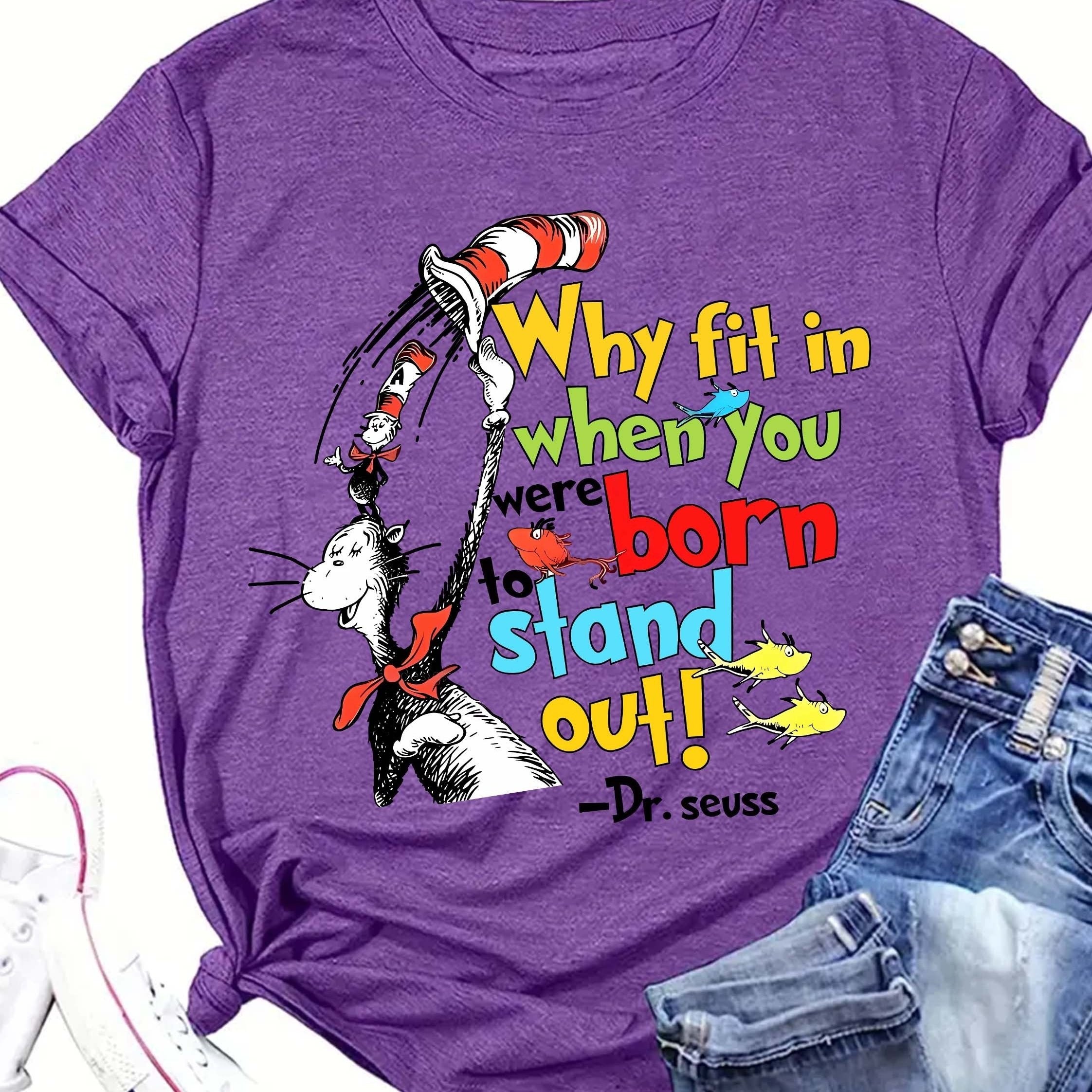 Women's Red Cartoon Graphic T-Shirt - "Why Fit In When You Were Born to Stand Out!" Dr. Seuss Quote, Casual Short Sleeve Crew Neck Top, Perfect for Spring & Summer