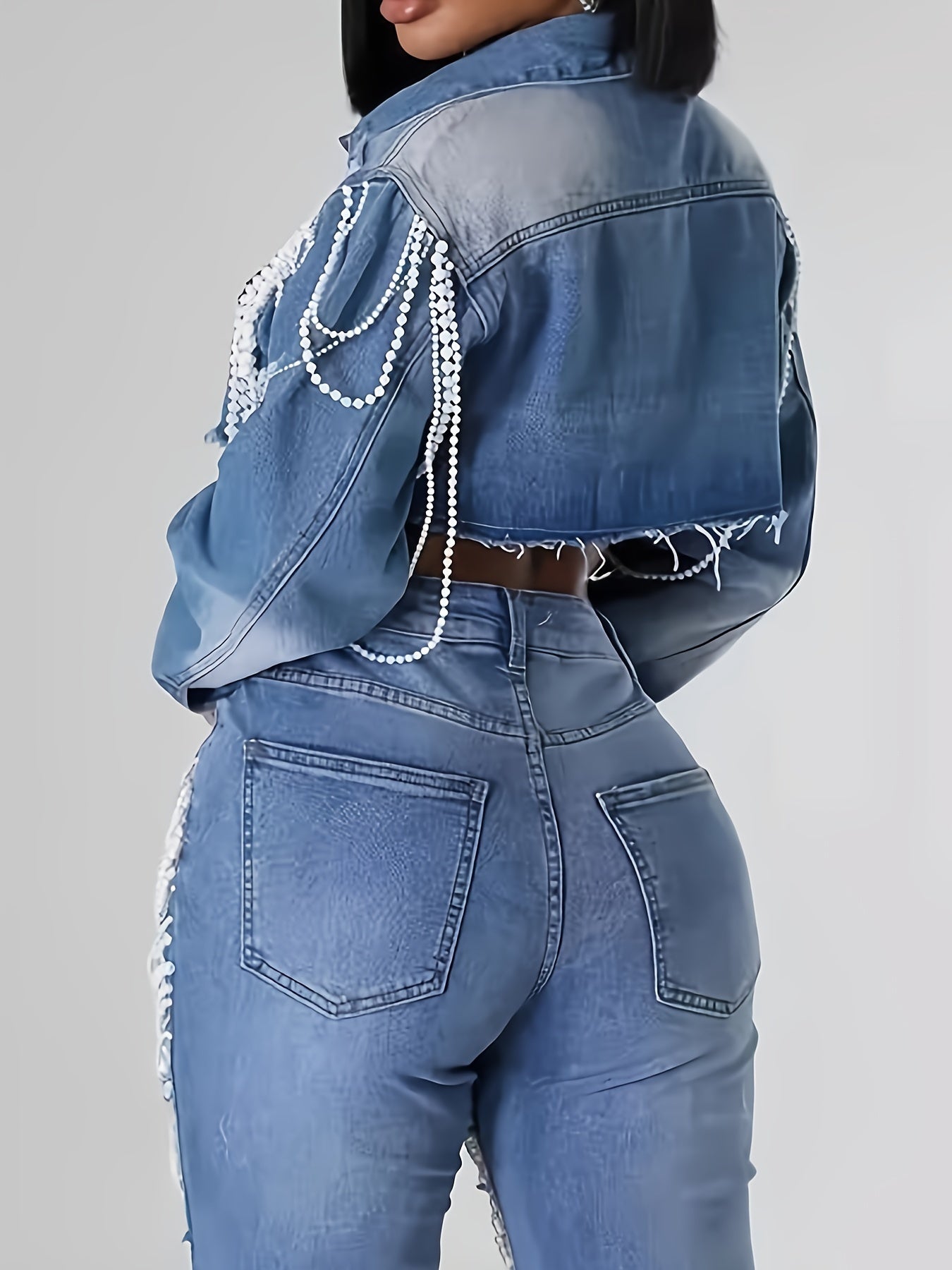 Faux Denim Jacket for Women Cropped Pearls Blue Jean Jackets Trendy Short Coat Clubwear