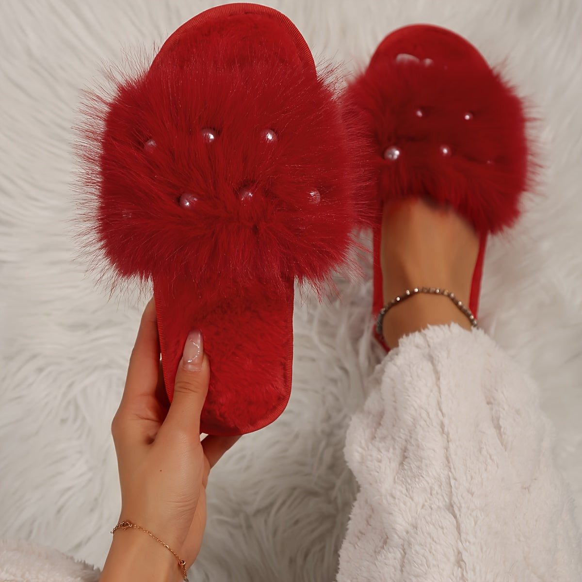 Fuzzy Faux Pearl Home Slippers, Soft Sole Plush Lined Indoor Shoes, Non-slip Floor Mute Slippers, Winter & Autumn