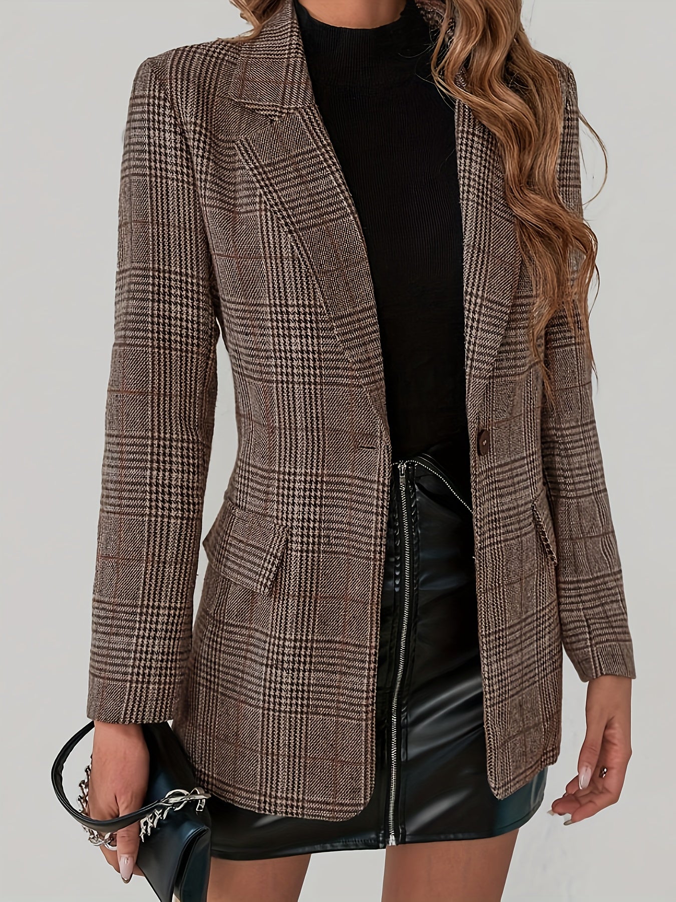 Plaid Pattern Single Button Blazer - Stylish Lapel Collar Long Sleeve - For Spring & Fall - Women's Clothing - Perfect for Office & Casual Wear - Ideal Gift for Fashionable Women