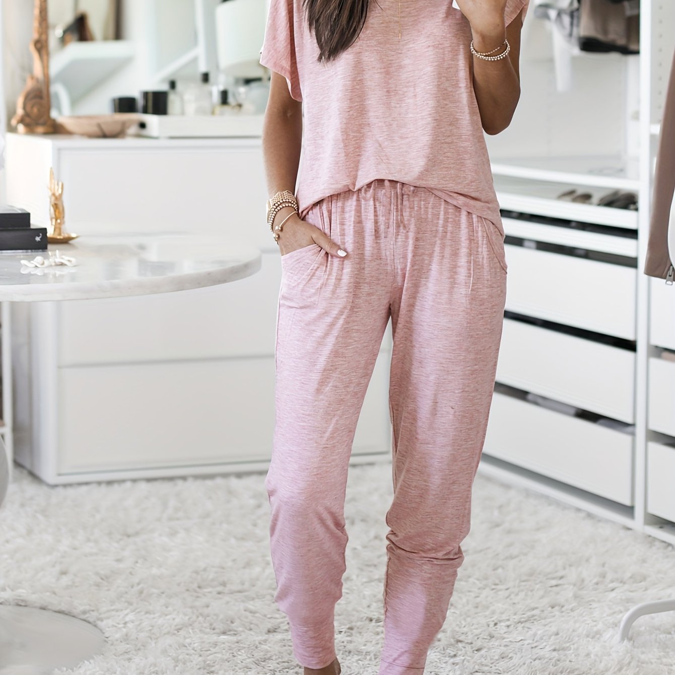 Women's Casual Solid Lounge Set: Short Sleeve Crew Neck Top & Joggers with Pockets