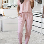 Women's Casual Solid Lounge Set: Short Sleeve Crew Neck Top & Joggers with Pockets