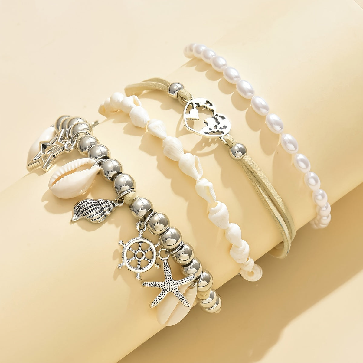 4pcs Women's Boho Anklet Set - Silver-Plated Shell & Faux Pearl Charms, Starfish Conch Moon Motifs - All-Season Jewelry | Versatile for Daily & Party Wear | Ideal Thanksgiving Day Gift