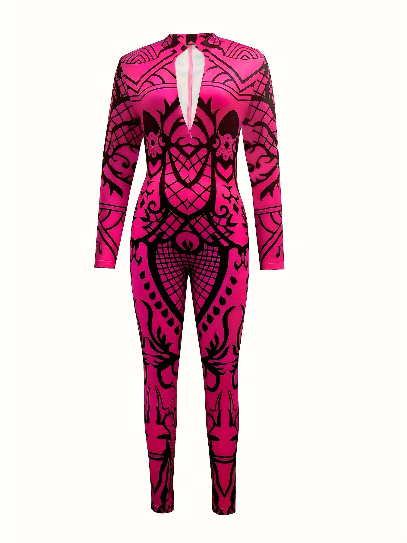 Women's Sexy V-Neck Geometric Pattern Unitard Jumpsuit - Polyester and Spandex Knit Fabric, Spring/Fall Season, Zippered Front without Belt - For Fashionable Women - Perfect for Parties & Night Out