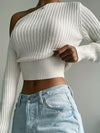 Ribbed Asymmetrical Neck Knit Crop Sweater, Sexy Cold Shoulder Long Sleeve Pullover Sweater, Women's Clothing