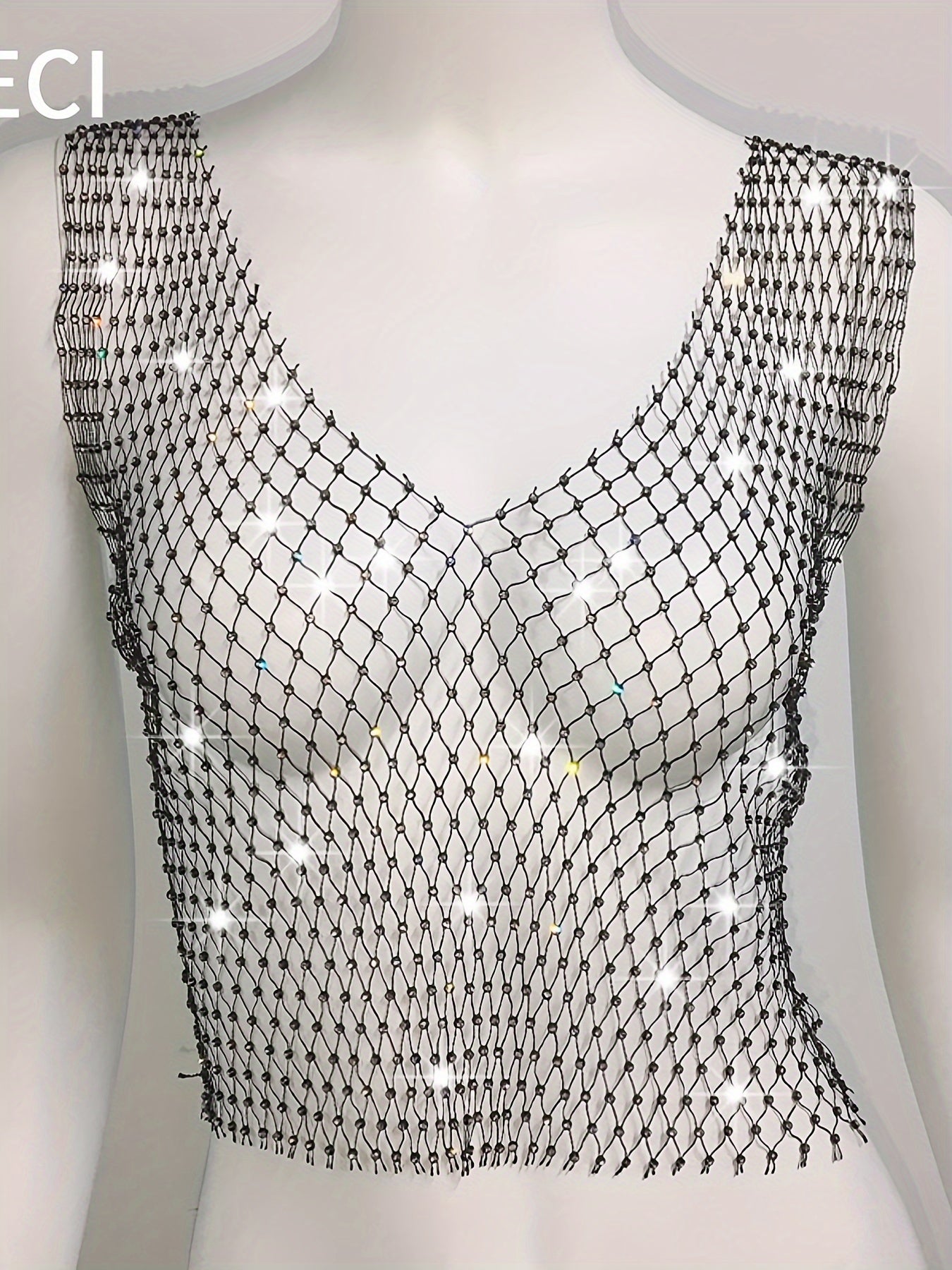 Women’s Rhinestone Fishnet Tank Top - Sleeveless V-Neck, Stretchy & Sheer Glitter Mesh for Party & Clubwear, White, Trendy Outfit | Sparkly Fishnet Design | Stretchy Mesh Fabric