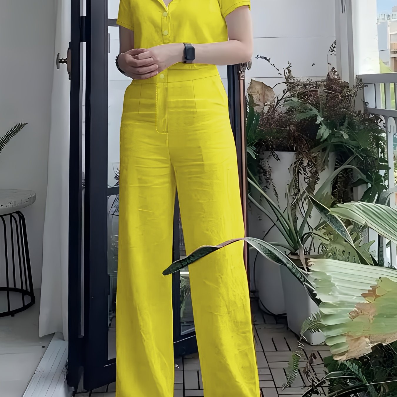 Women'S Solid Color Short Sleeve Shirt and Long Pants Elegant Two-Piece Set