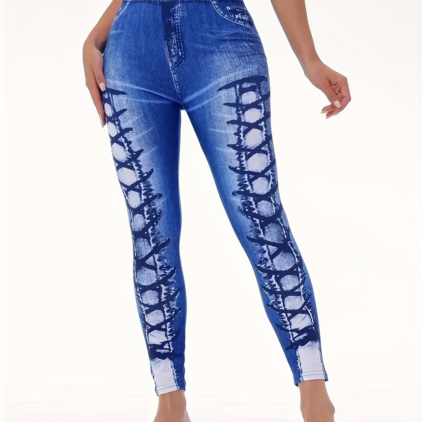 Women's High-Waist Stretch Denim-Look Leggings with 3D Ripped Print, Elastic Waistband, Faux Pockets & Buttons, Comfortable Yoga & Casual Wear for All Seasons, High-Waist Stretch Denim-Look Leggings, Allseasons Apparel, Mediu