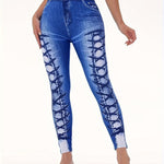 Women's High-Waist Stretch Denim-Look Leggings with 3D Ripped Print, Elastic Waistband, Faux Pockets & Buttons, Comfortable Yoga & Casual Wear for All Seasons, High-Waist Stretch Denim-Look Leggings, Allseasons Apparel, Mediu