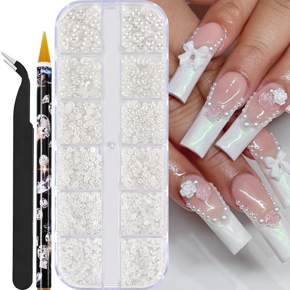 Multi-Size Flatback AB Nail Art Rhinestones Kit – Crystal Pearls & Gemstones for DIY Nails, Shoes, Clothes, Makeup & Bags – Includes Tweezer & Pen (SS4–SS16)