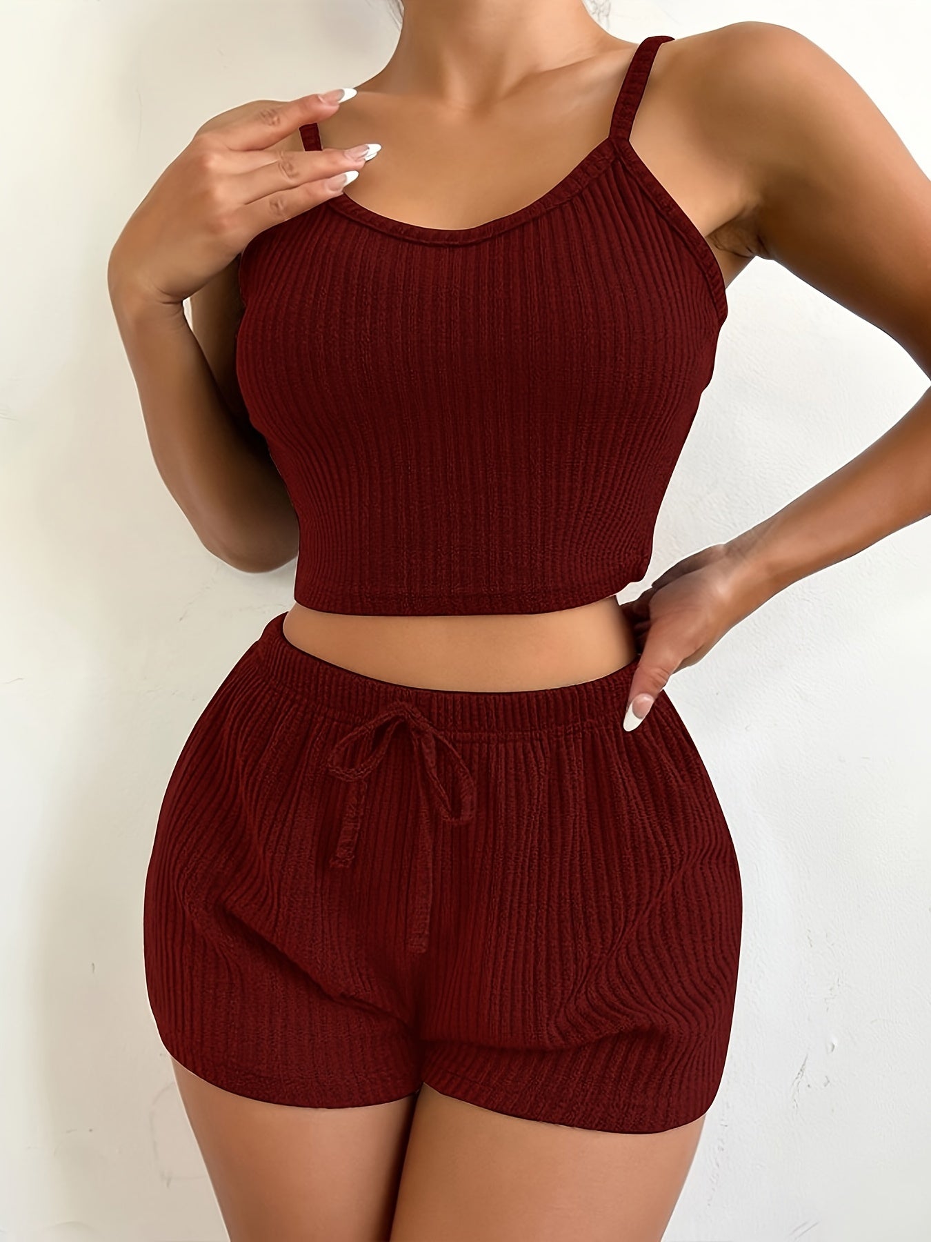 Solid Ribbed Slim Fit Lounge Set, Casual Round Neck Crop Cami Top & Drawstring Shorts, Women's Loungewear