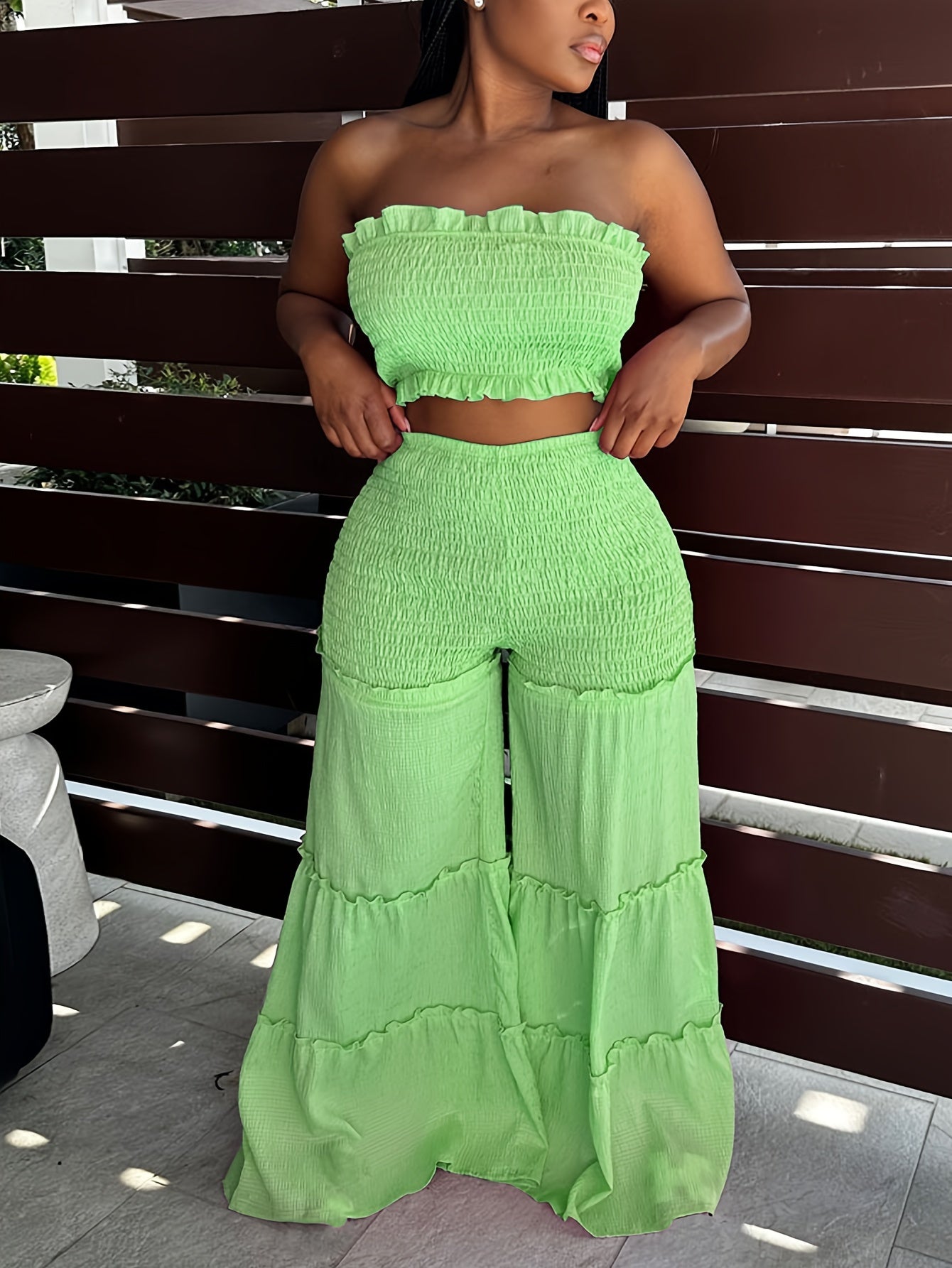 Elegant V-Neck High-Waist Wide Leg Two-Piece Set with Ruched Detail - Sexy Corset & Strapless Top, Polyester Blend, Perfect for Spring/Summer, Chic Outfit|Vneck Top|Polyester Blend