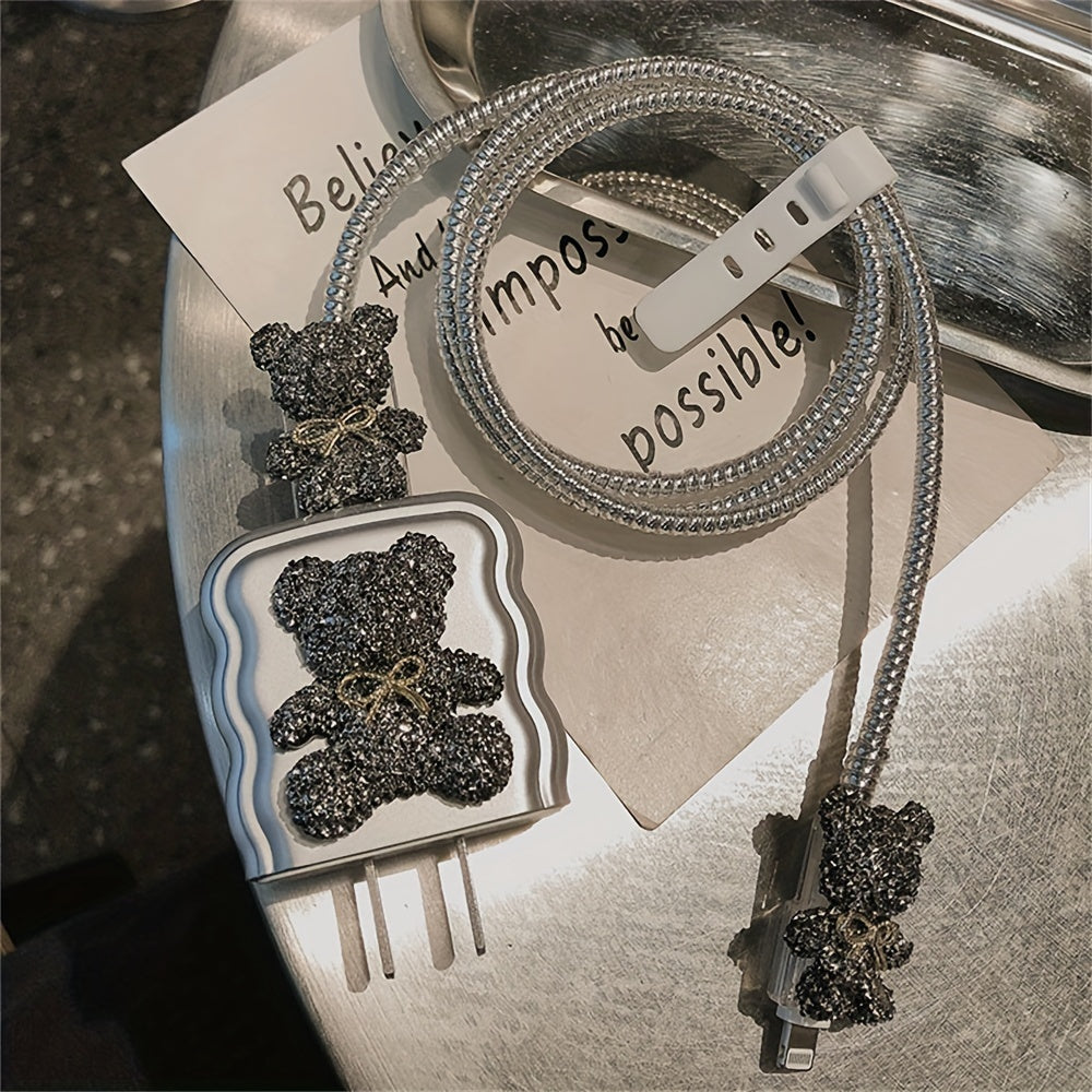 Electroplated Silvery Cartoon Bear Charger Protective Case