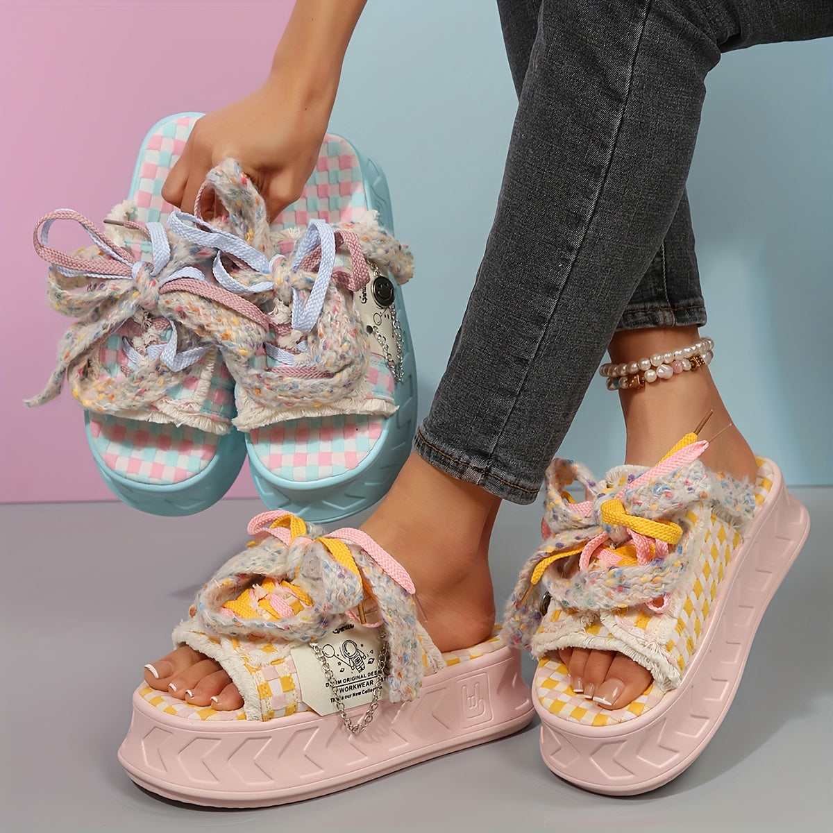 Women's Cute Thick Sole Slide Sandals - Spring/Summer 2025 Collection, Pastel Checkered Design with Bowknot, Open Toe, Fabric Upper & Rubber Sole, Comfortable Outdoor Wear, Casual Sandals | Bowknot Detail | Soft Strap Sandals