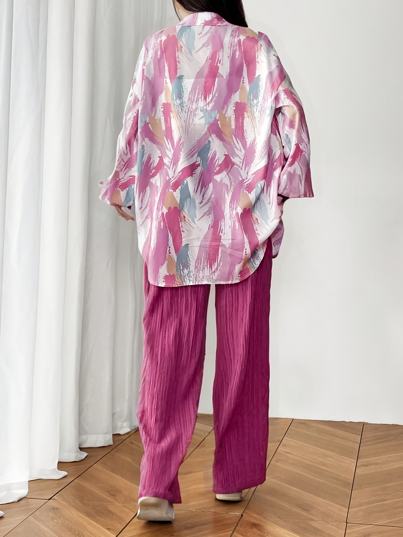 Women'S Casual Spring/Summer 2pcs Set - Floral Print Long Sleeve Blouse & Wide-Leg Pants, Button-Up Top with Pockets, White Sneakers, and White Handbag, Casual Attire|Floral Print Top|Buttonup Top