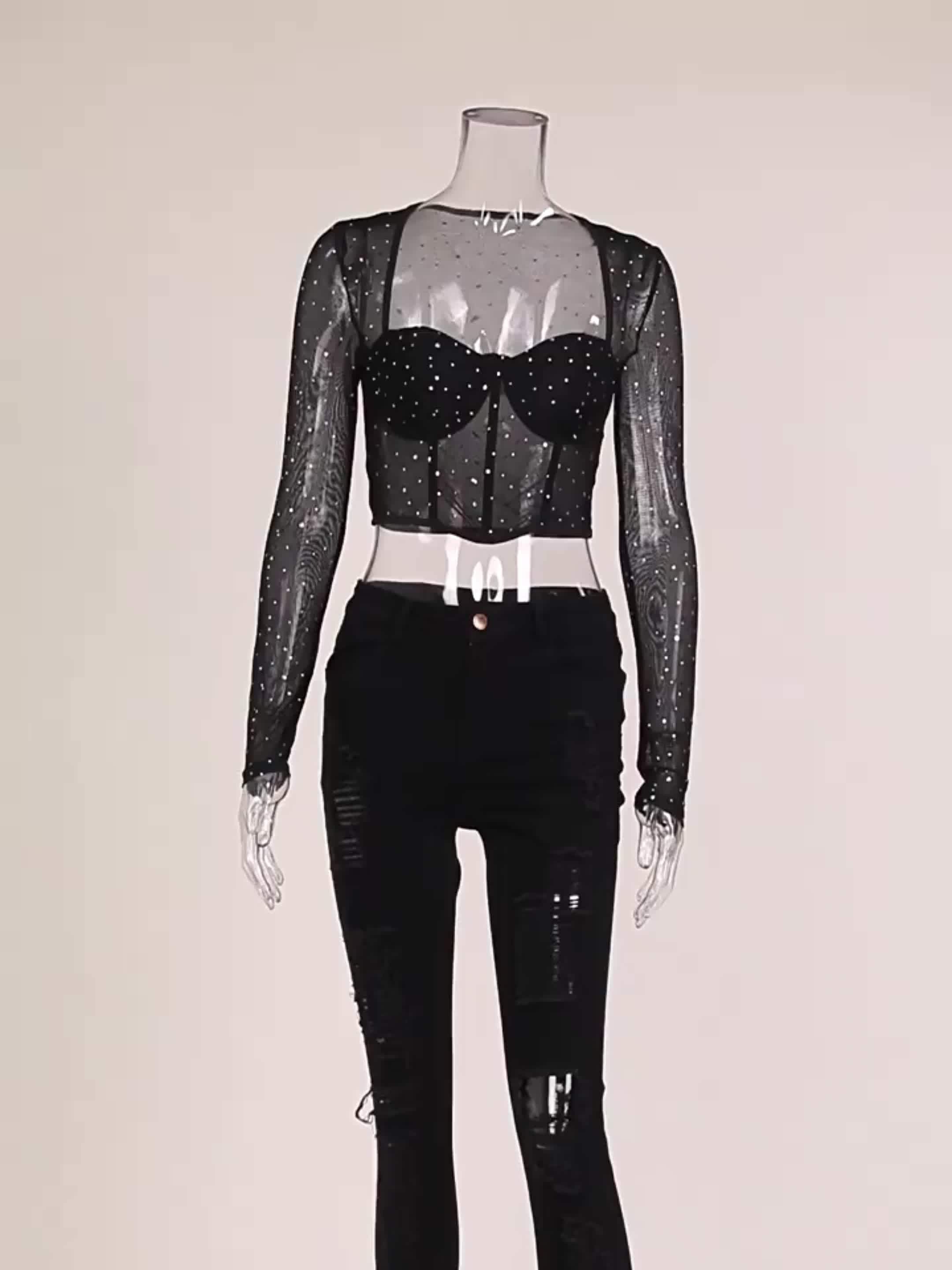 HG Sexy Sheer Nightclub Steel Ring Fishbone Mesh Sequined Square Neck Long Sleeve Top