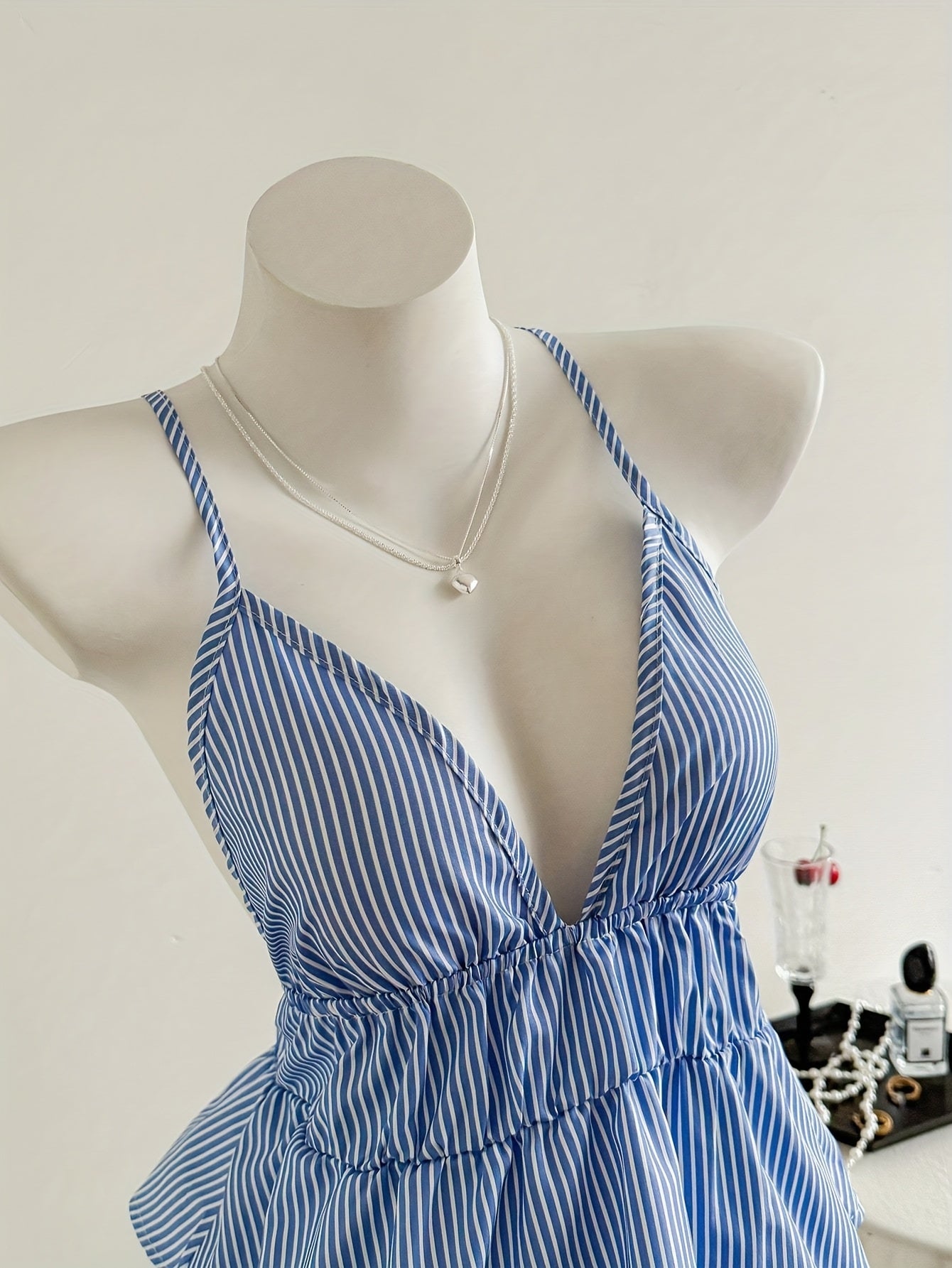 Elegant Blue & White Striped Halter Neck Dress - Casual Summer Fashion for Women, Sleeveless with V-Neckline, Stylish Accessory, Casual Attire|Striped Pattern|Elegant Neckline